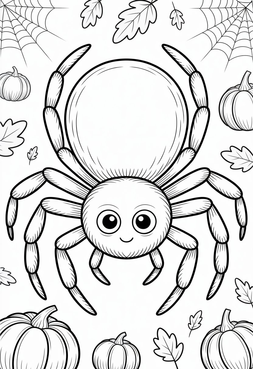 Halloween Coloring Pages Cute Collection of 20 Fun and Easy Designs 27 A friendly spider with big eyes surrounded by pumpkins, cobwebs, and autumn leaves.